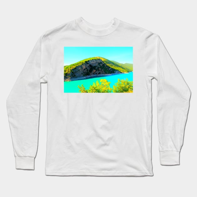 Scenery from Lago di Fiastra with ridge, vegetation and waters Long Sleeve T-Shirt by KristinaDrozd